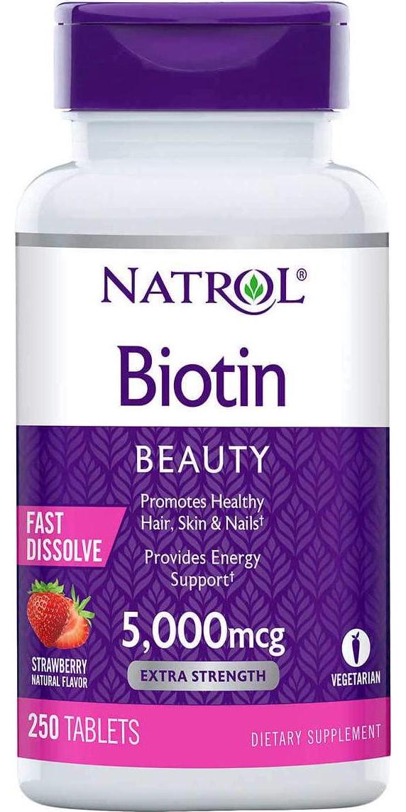 Natrol Biotin 5000 mcg, Strawberry Flavor, Fast Dissolve Tablets, Extra Strength, 250 Count