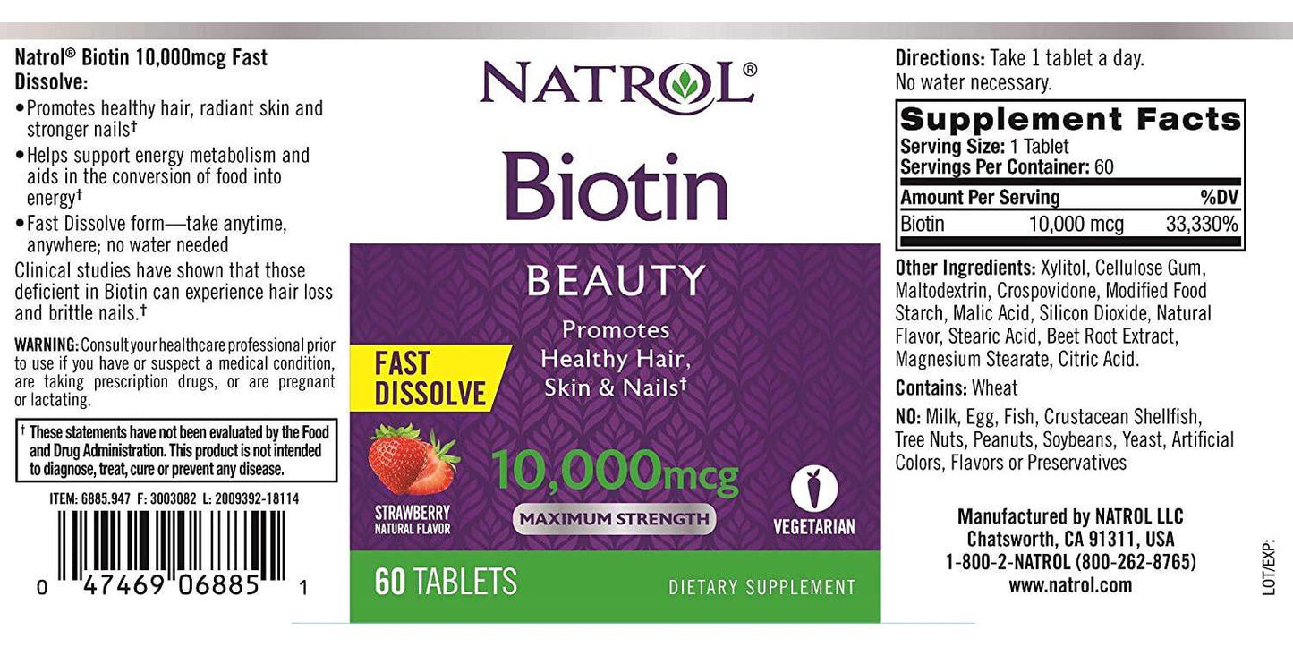 Natrol Biotin Fast Dissolve Tablets, Strawberry flavor, 10,000mcg, 60 Count