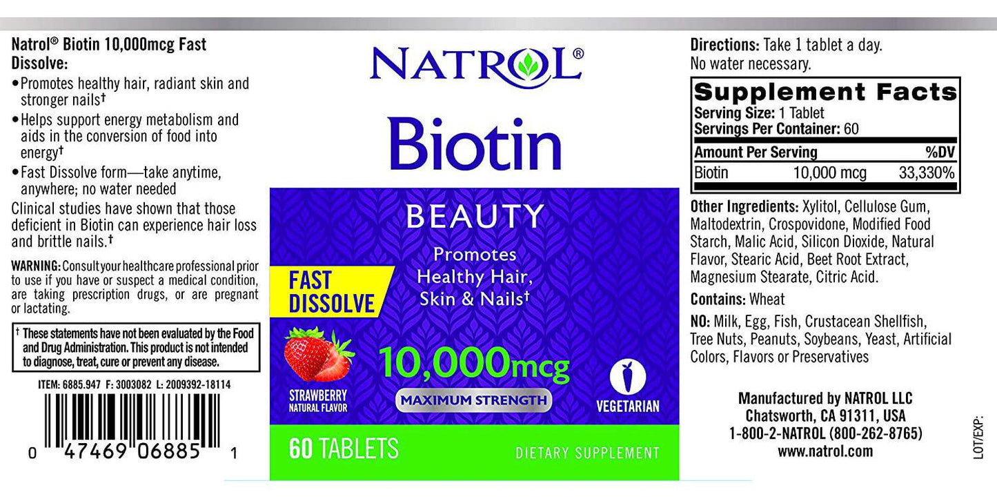 Natrol Biotin Fast Dissolve Tablets, Strawberry flavor, 10,000mcg, 60 Count