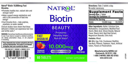 Natrol Biotin Fast Dissolve Tablets, Strawberry flavor, 10,000mcg, 60 Count