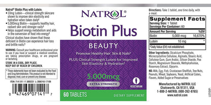 Natrol Biotin Plus Lutein Tablets, 5,000mcg, 60 Count