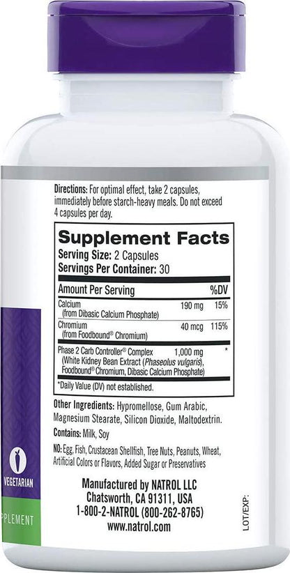 Natrol Carb Intercept with Phase 2 Carb Controller Capsules, White Kidney Bean Extract, Helps Control Carbs, Helps Metabolize Fats, Clinically Tested, Promotes Healthy Body Weight, 1,000mg, 60 Count