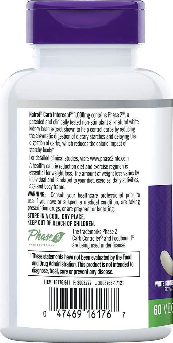 Natrol Carb Intercept with Phase 2 Carb Controller Capsules, White Kidney Bean Extract, Helps Control Carbs, Helps Metabolize Fats, Clinically Tested, Promotes Healthy Body Weight, 1,000mg, 60 Count