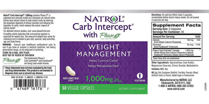 Natrol Carb Intercept with Phase 2 Carb Controller Capsules, White Kidney Bean Extract, Helps Control Carbs, Helps Metabolize Fats, Clinically Tested, Promotes Healthy Body Weight, 1,000mg, 60 Count