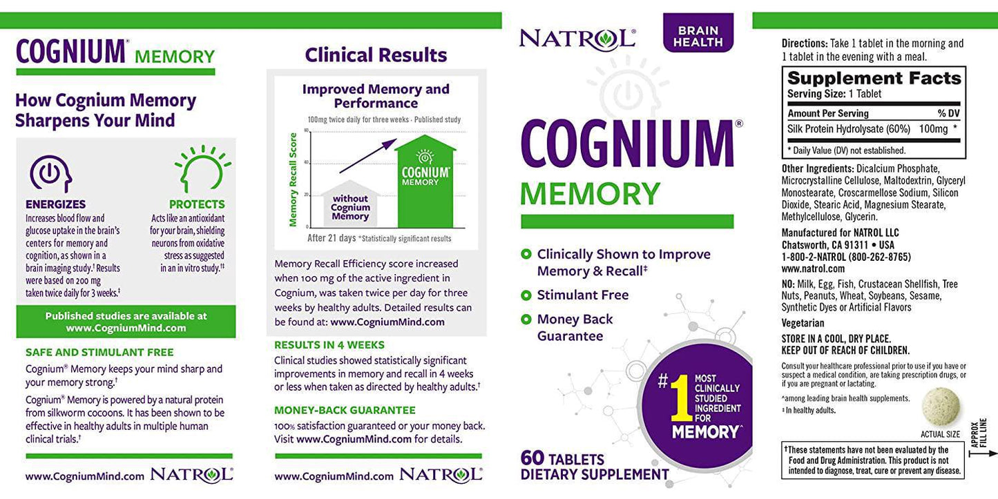 Natrol Cognium Tablets, Brain Health, Keeps Memory Strong, Shown to Improve Memory and Recall in Healthy Adults, Safe and Stimulant Free, 100mg, 60 Count