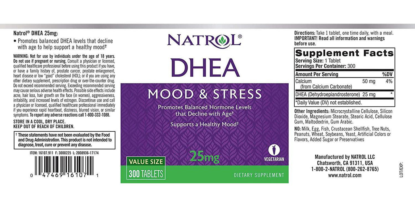 Natrol DHEA Tablets, Promotes Balanced Hormone Levels, Supports a Healthy Mood, Supports Overall Health, Helps Promote Healthy Aging, HPLC Verified, 25mg, 300 Count