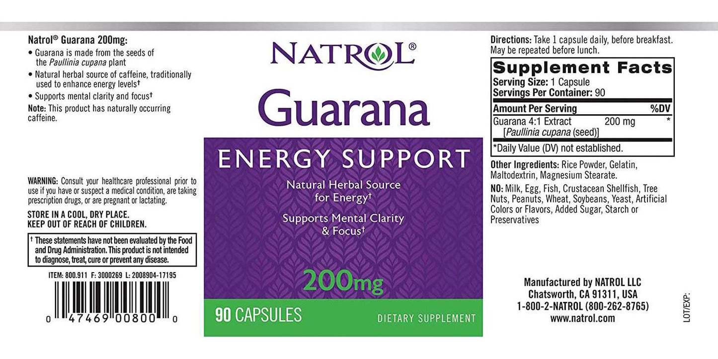 Natrol Guarana 200mg Capsules, 90 Count