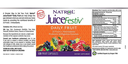 Natrol JuiceFestiv Daily Fruit and Veggie Capsules with Probiotics and Digestive Enzymes 240 Count