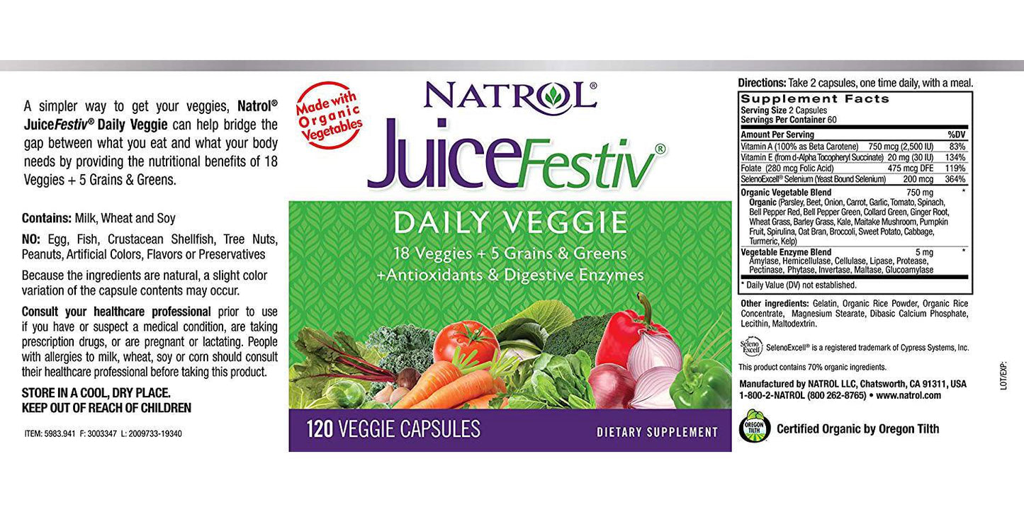 Natrol JuiceFestiv Daily Fruit and Veggie Capsules with Probiotics and Digestive Enzymes 240 Count