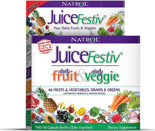 Natrol Juicefestiv Daily Fruits and Veggies Capsules with SelenoExcell for Improved Metabolism, Boosts Energy and Well-Being, 120 Count