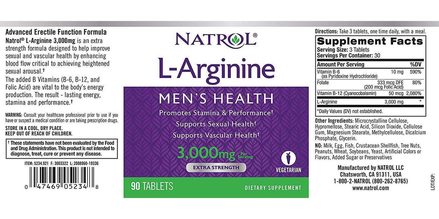 Natrol L-Arginine Tablets, Promotes Stamina and Performance, Supports Sexual and Vascular Health, Contains Nitric Oxide with B Vitamin Complex, Amino Acid, Extra Strength, 3,000mg, 90 Count