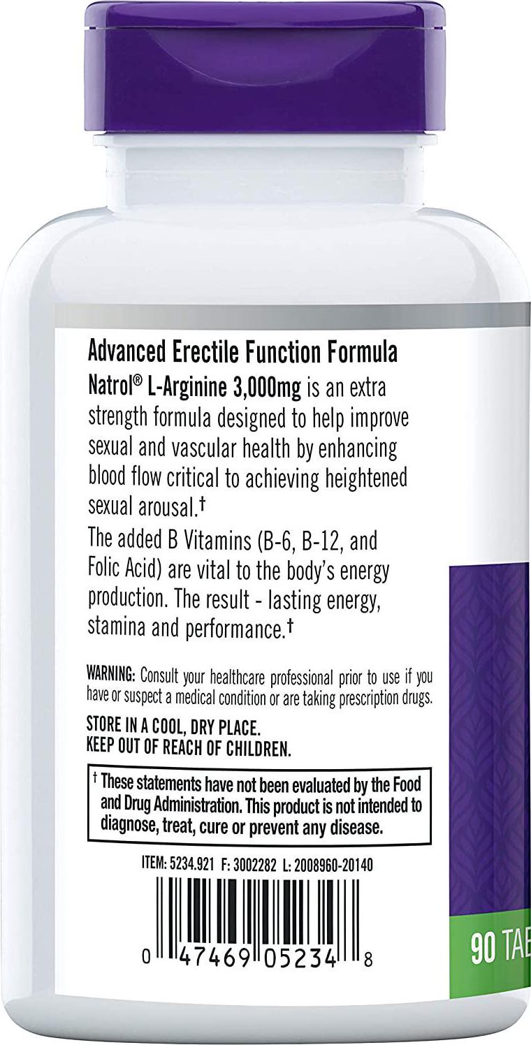 Natrol L-Arginine Tablets, Promotes Stamina and Performance, Supports Sexual and Vascular Health, Contains Nitric Oxide with B Vitamin Complex, Amino Acid, Extra Strength, 3,000mg, 90 Count