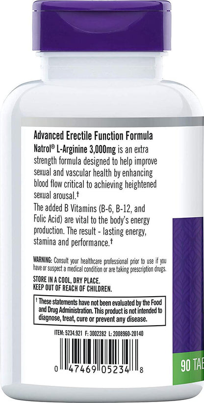 Natrol L-Arginine Tablets, Promotes Stamina and Performance, Supports Sexual and Vascular Health, Contains Nitric Oxide with B Vitamin Complex, Amino Acid, Extra Strength, 3,000mg, 90 Count