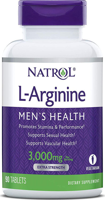 Natrol L-Arginine Tablets, Promotes Stamina and Performance, Supports Sexual and Vascular Health, Contains Nitric Oxide with B Vitamin Complex, Amino Acid, Extra Strength, 3,000mg, 90 Count