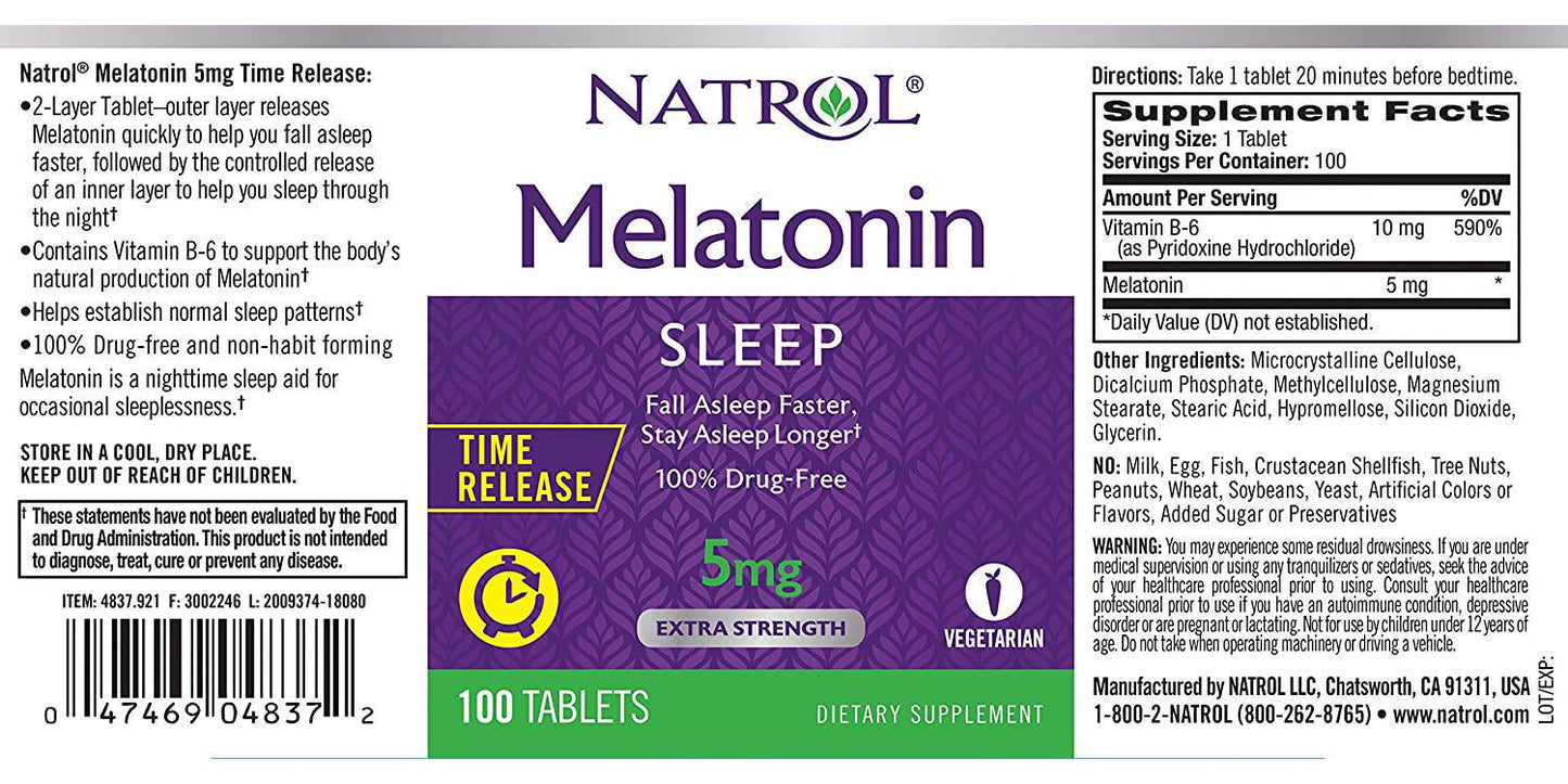 Natrol Melatonin Time Release Tablets, 5mg, 100 Count (Pack of 2)