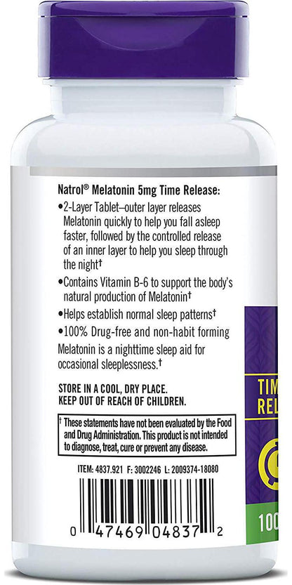 Natrol Melatonin Time Release Tablets, 5mg, 100 Count (Pack of 2)