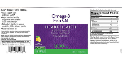 Natrol Omega-3 1,000mg Fish Oil Softgels, 150 Count (Pack of 3)