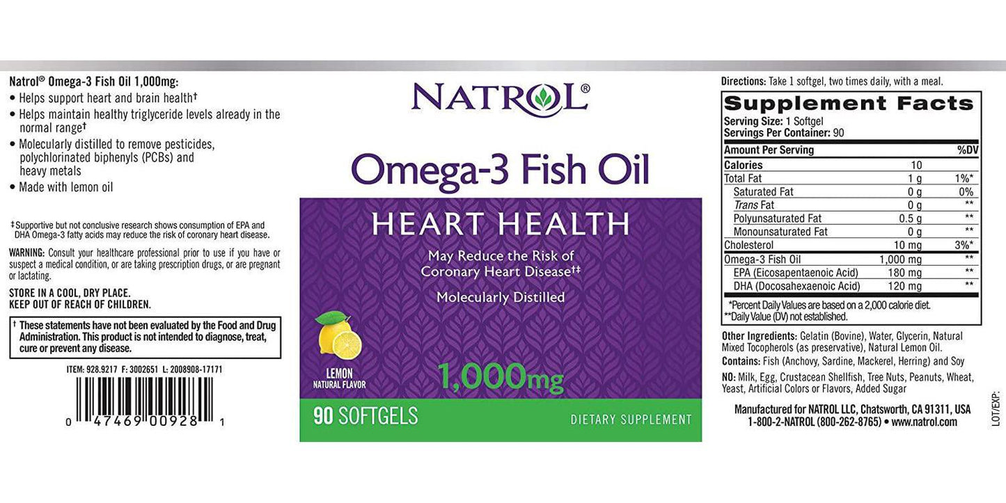 Natrol Omega-3 1,000mg Fish Oil Softgels, 150 Count (Pack of 3)