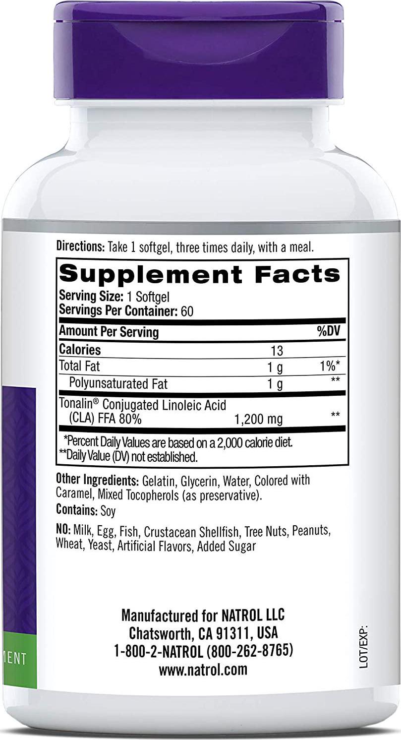 Natrol Tonalin CLA Softgels, Derived from Safflower Plant, Promotes Lean Muscle Mass, Helps Increase Muscle Retention, Promotes Fat Metabolism, Weight Management Supplement, 1,200mg, 60 Count