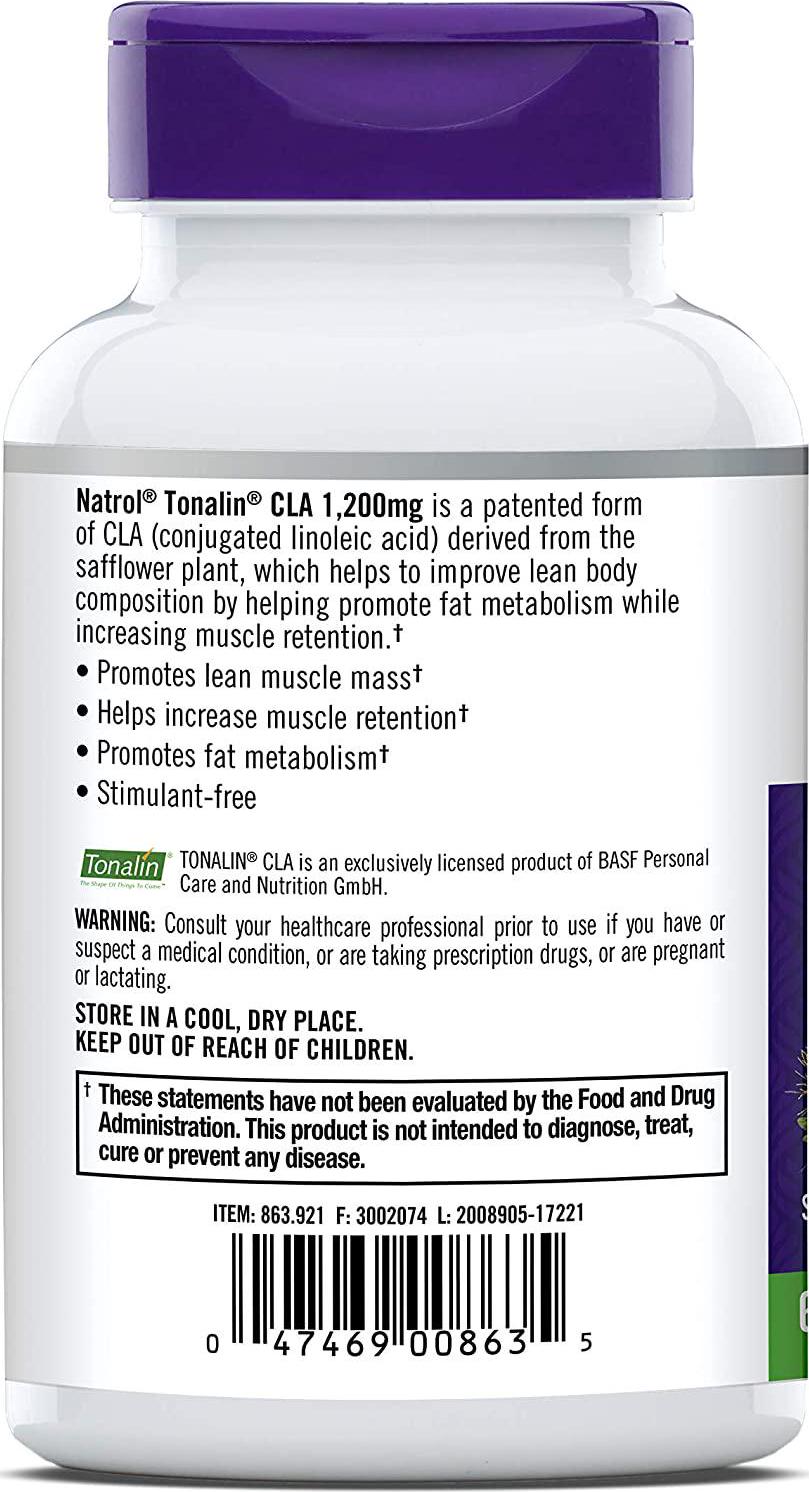 Natrol Tonalin CLA Softgels, Derived from Safflower Plant, Promotes Lean Muscle Mass, Helps Increase Muscle Retention, Promotes Fat Metabolism, Weight Management Supplement, 1,200mg, 60 Count