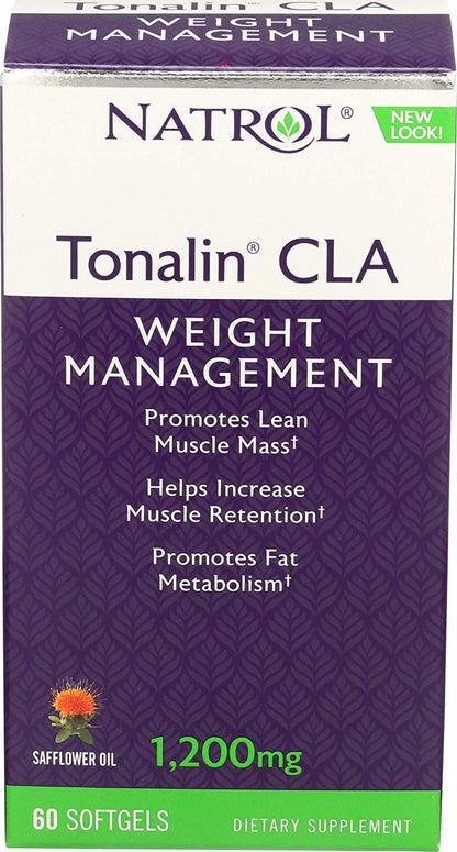 Natrol Tonalin CLA Softgels, Derived from Safflower Plant, Promotes Lean Muscle Mass, Helps Increase Muscle Retention, Promotes Fat Metabolism, Weight Management Supplement, 1,200mg, 60 Count