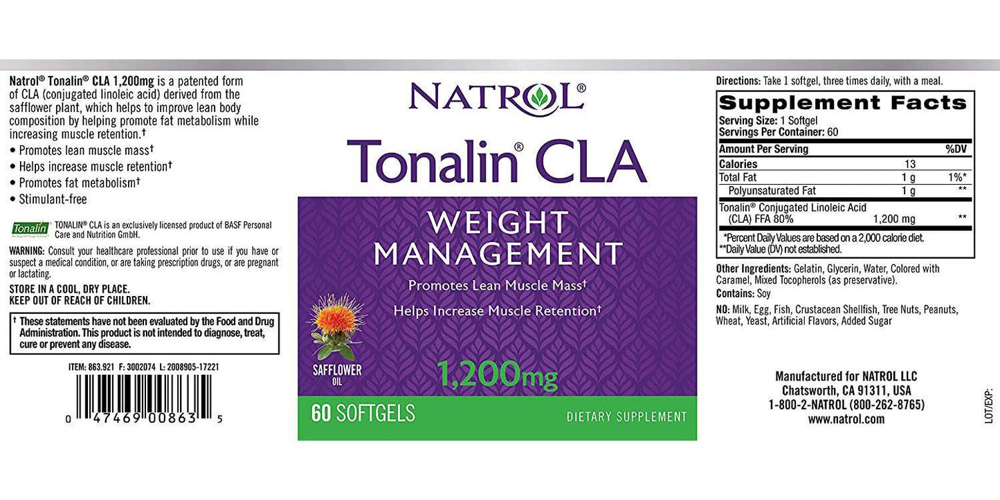 Natrol Tonalin CLA Softgels, Derived from Safflower Plant, Promotes Lean Muscle Mass, Helps Increase Muscle Retention, Promotes Fat Metabolism, Weight Management Supplement, 1,200mg, 60 Count