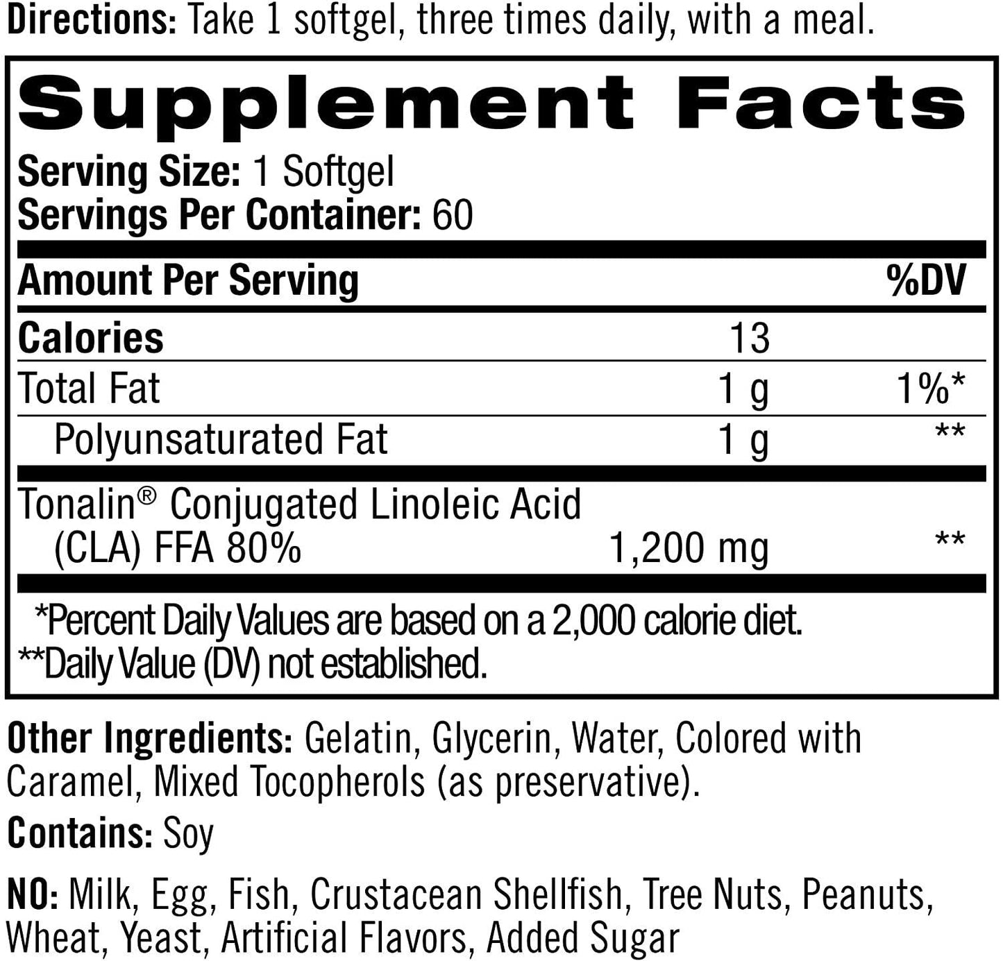 Natrol Tonalin CLA Softgels, Derived from Safflower Plant, Promotes Lean Muscle Mass, Helps Increase Muscle Retention, Promotes Fat Metabolism, Weight Management Supplement, 1,200mg, 60 Count