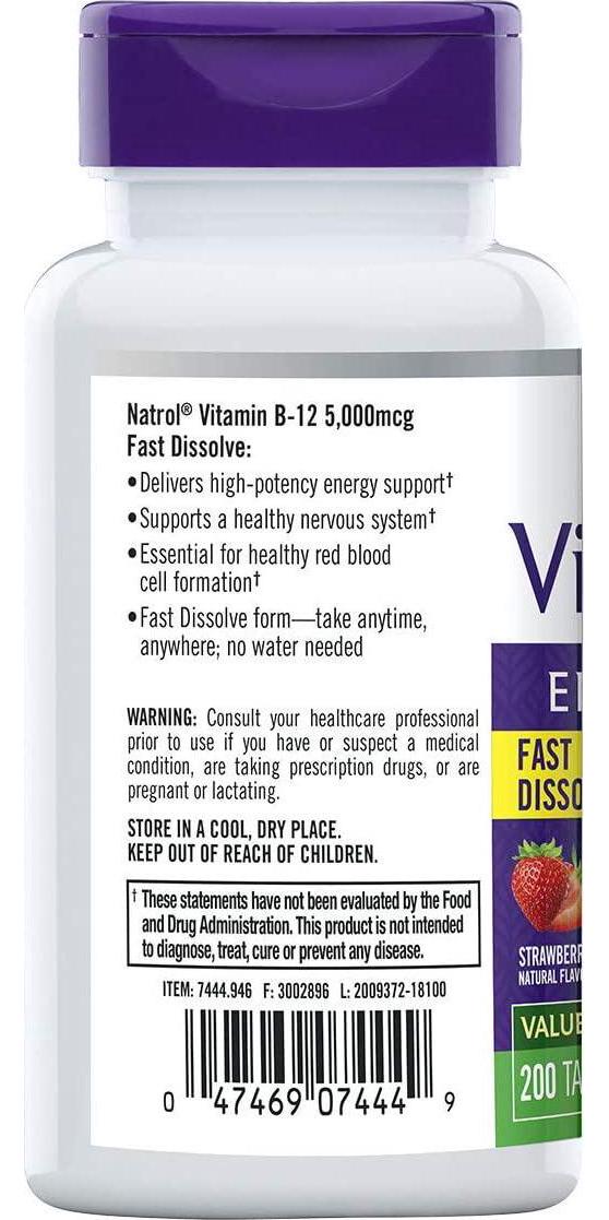 Natrol Vitamin B12 Fast Dissolve Tablets, Promotes Energy, Supports a Healthy Nervous System, Maximum Strength, Strawberry Flavor, 5,000mcg, 200 Count