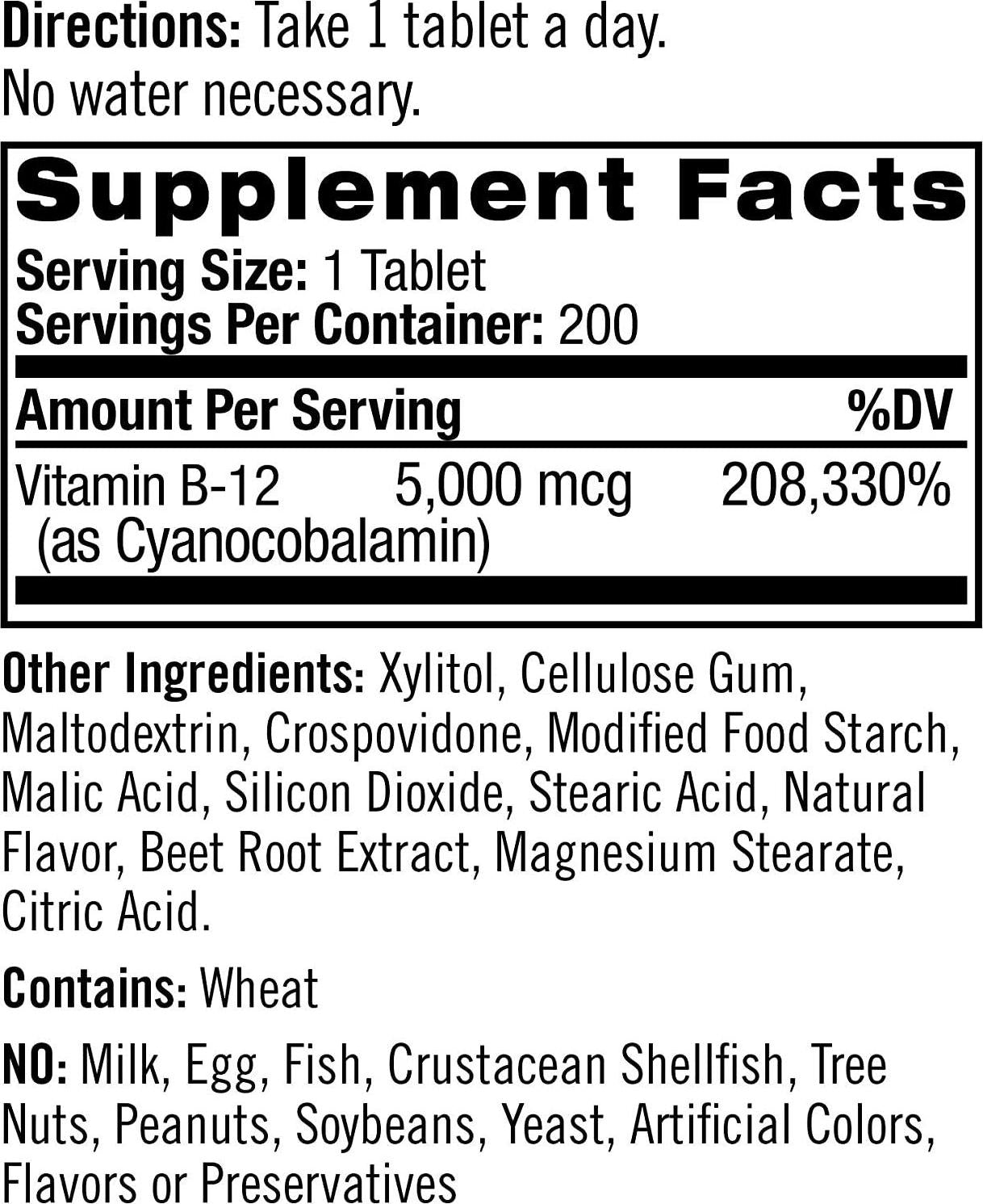 Natrol Vitamin B12 Fast Dissolve Tablets, Promotes Energy, Supports a Healthy Nervous System, Maximum Strength, Strawberry Flavor, 5,000mcg, 200 Count