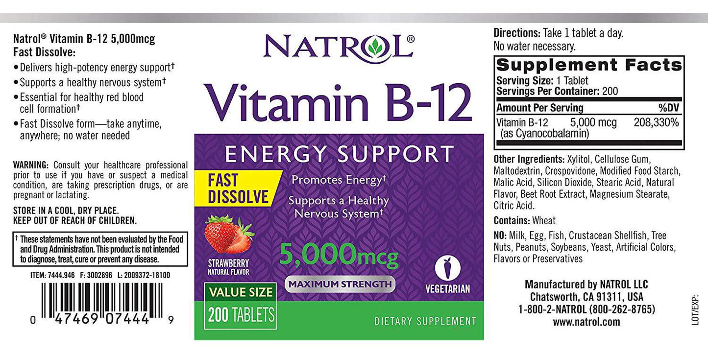Natrol Vitamin B12 Fast Dissolve Tablets, Promotes Energy, Supports a Healthy Nervous System, Maximum Strength, Strawberry Flavor, 5,000mcg, 200 Count