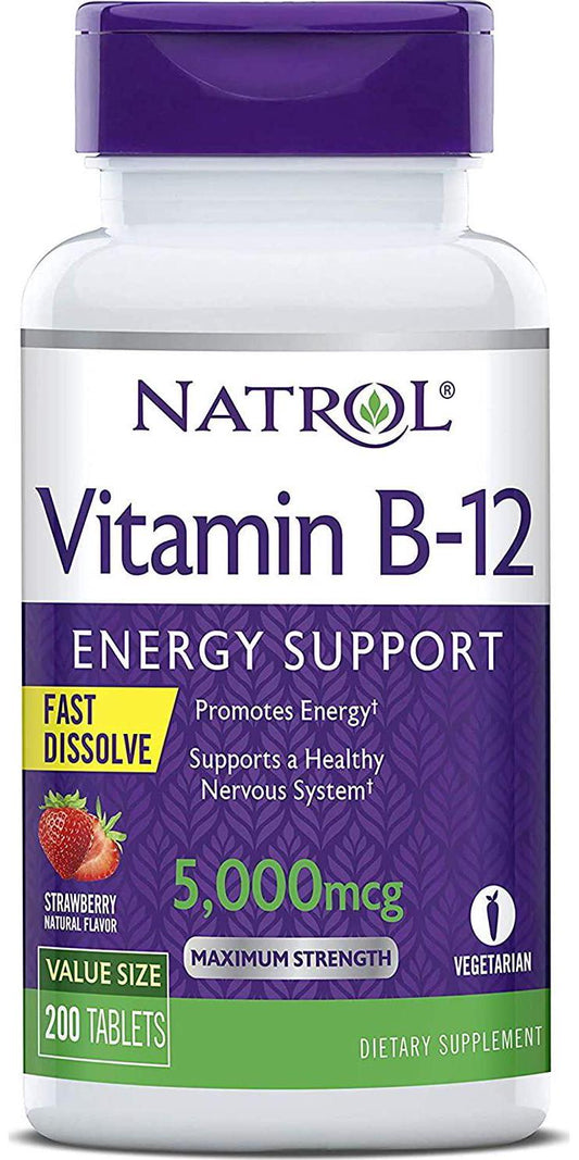 Natrol Vitamin B12 Fast Dissolve Tablets, Promotes Energy, Supports a Healthy Nervous System, Maximum Strength, Strawberry Flavor, 5,000mcg, 200 Count