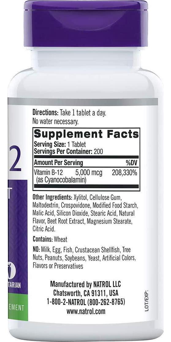 Natrol Vitamin B12 Fast Dissolve Tablets, Promotes Energy, Supports a Healthy Nervous System, Maximum Strength, Strawberry Flavor, 5,000mcg, 200 Count