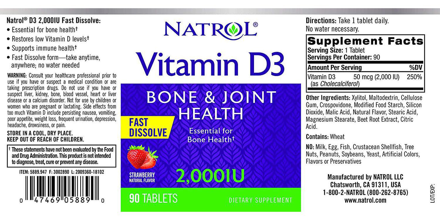 Natrol Vitamin D3 2,000 IU Tablets, Support Your Immune Health, Strawberry, 90 Count