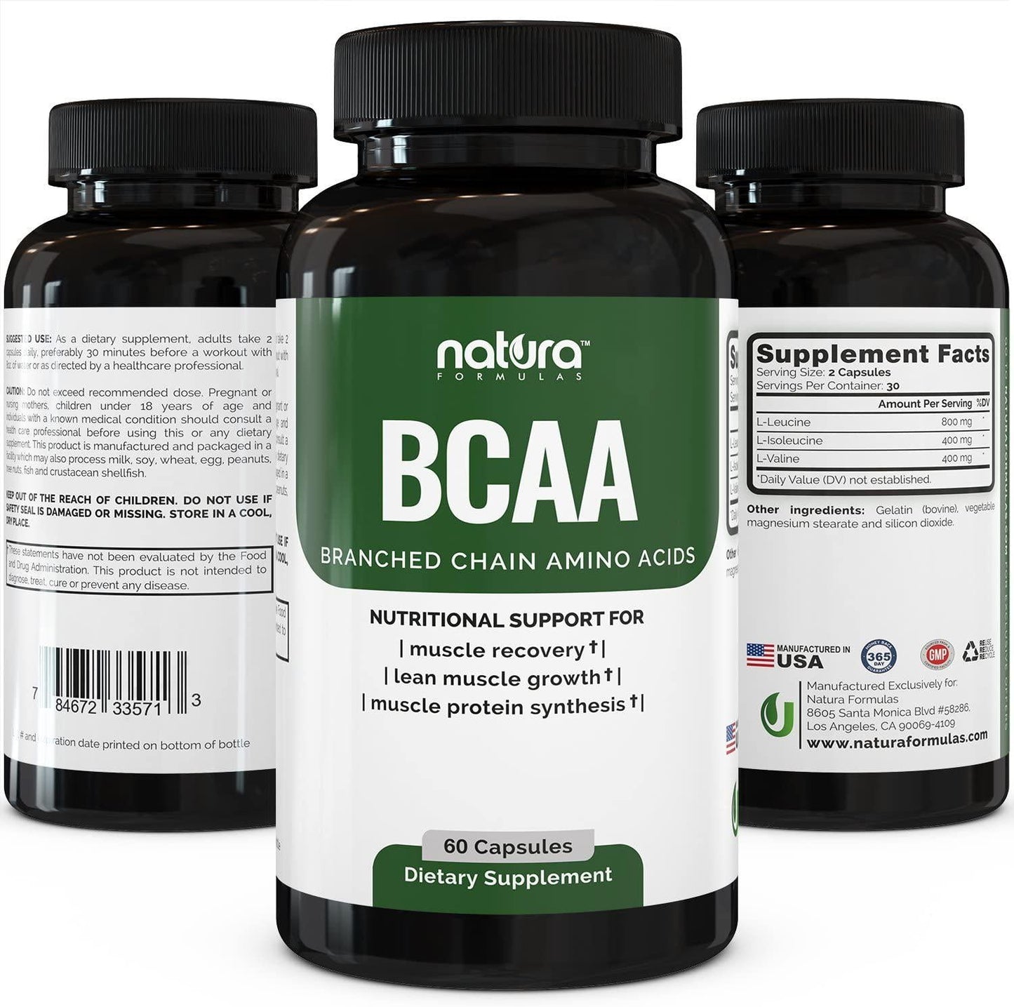 Natura BCAA Capsules - All Natural BCAAs for Recovery and Muscle Growth - Clean Branched Chain Amino Acids - Essential 2:1:1 Ratio - Pre and Post Workout Supplement for Men and Women.