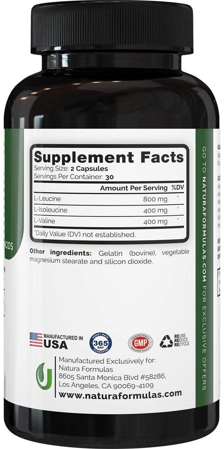 Natura BCAA Capsules - All Natural BCAAs for Recovery and Muscle Growth - Clean Branched Chain Amino Acids - Essential 2:1:1 Ratio - Pre and Post Workout Supplement for Men and Women.