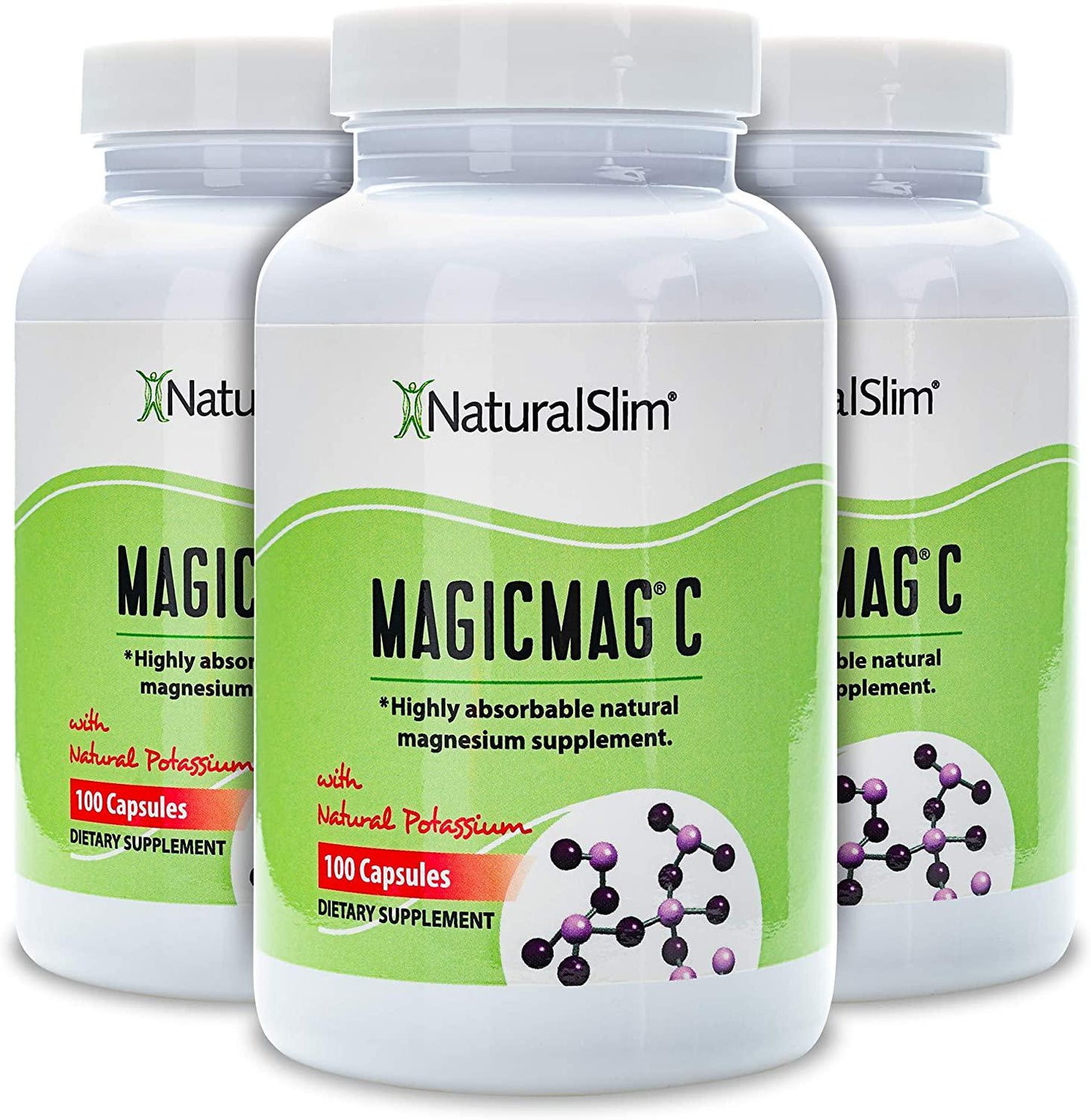 NaturalSlim Anti Stress Magnesium Capsules - Pure Magnesium Citrate Plus Potassium - Natural Aid to a Slow Metabolism, Muscle Relaxation and Sleeping Difficulties - 500 mg - 100 Count (3 Pack)