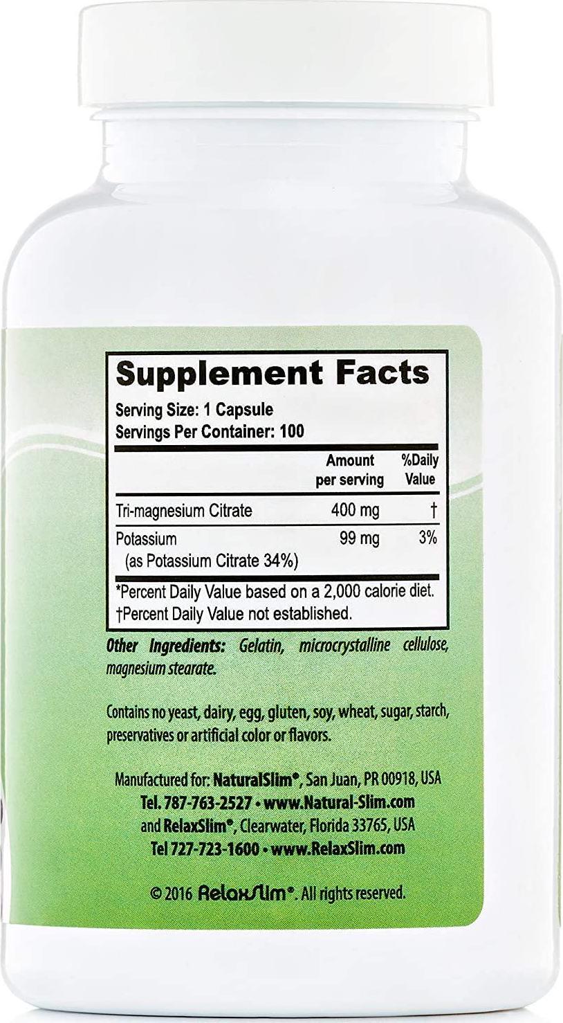 NaturalSlim Anti Stress Magnesium Capsules - Pure Magnesium Citrate Plus Potassium - Natural Aid to a Slow Metabolism, Muscle Relaxation and Sleeping Difficulties - 500 mg - 100 Count (3 Pack)