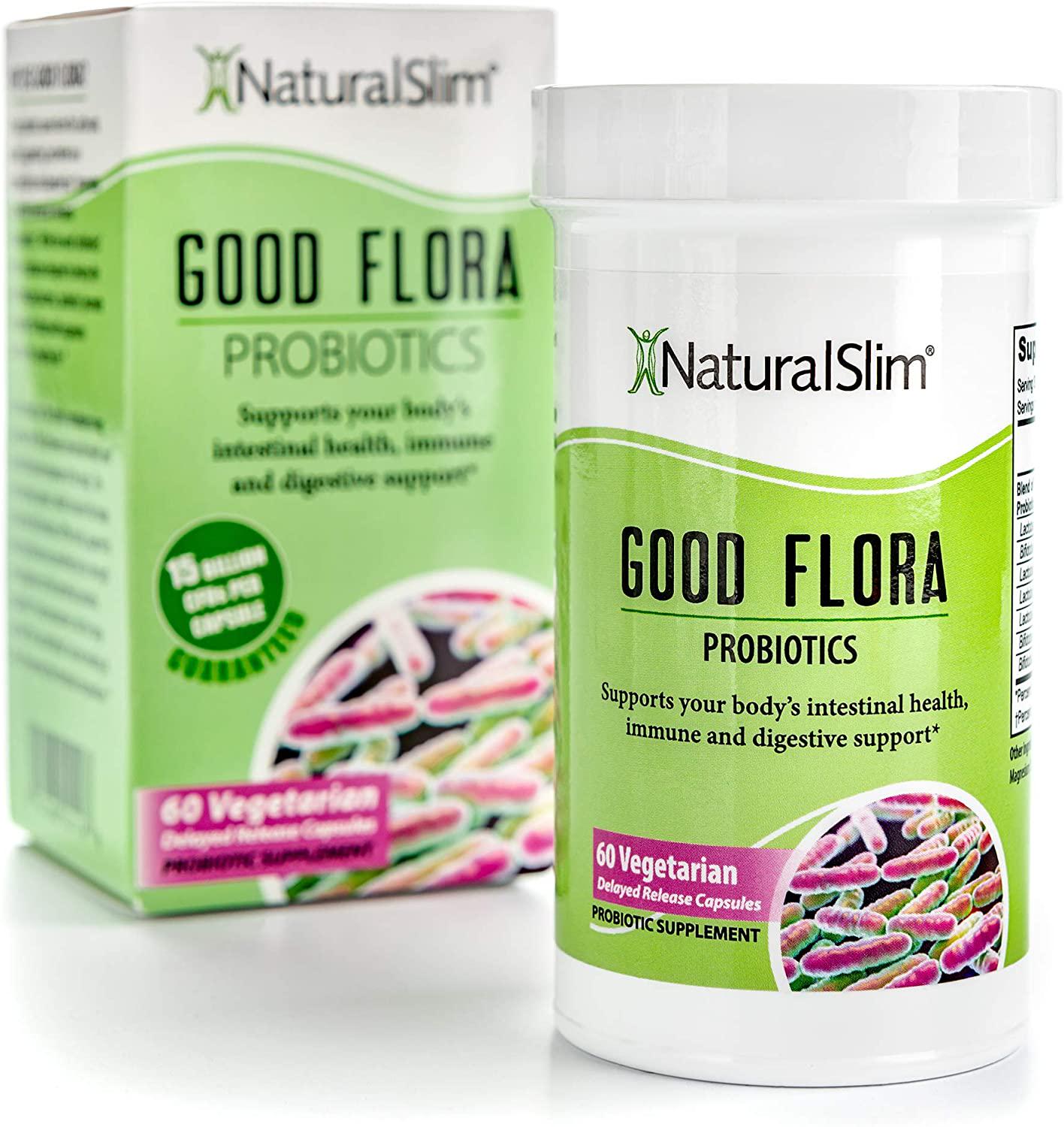 NaturalSlim Good Flora Probiotic Supplement for Men and Women - 7 Powerful Probiotic Strains and Lactobacillus Acidophilus - Supports Digestive and Gut Health - 60 Organic Vegetarian Capsules