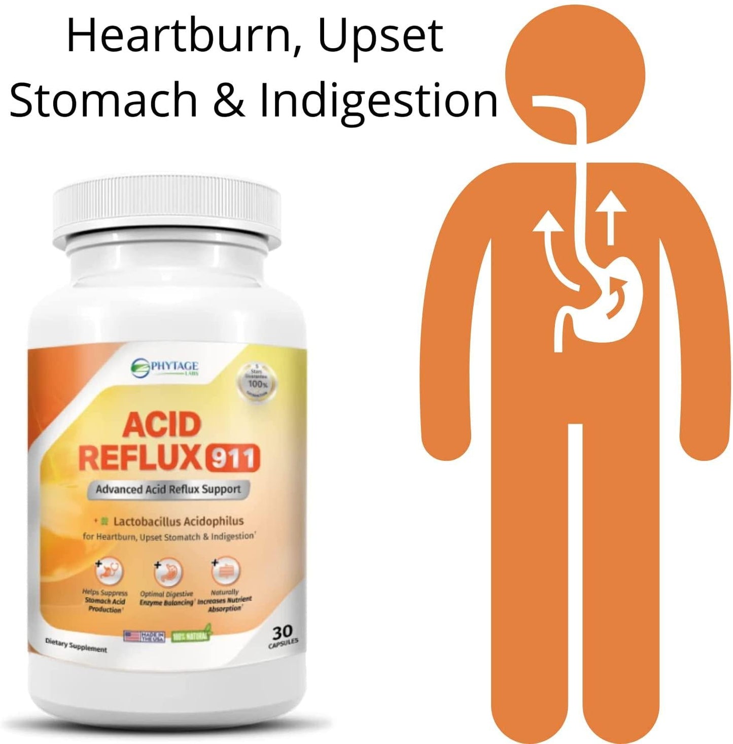 Natural Acid Reflux 911 Supplement Helps Relief Upset Stomach, Heartburn and Acid Indigestion - 100% Natural Powerful Acid Reducer for Fast Natural GERD and Heartburn Relief - 30 Capsules
