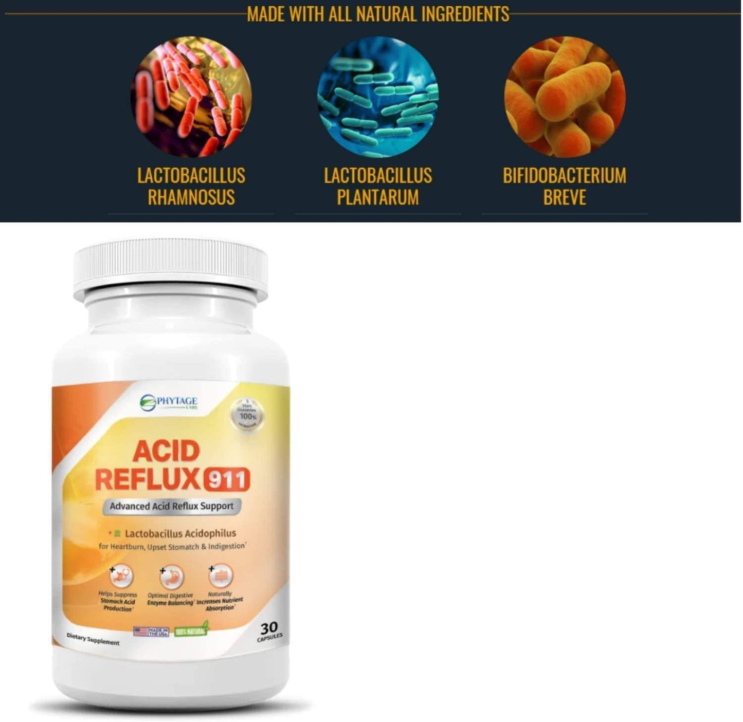 Natural Acid Reflux 911 Supplement Helps Relief Upset Stomach, Heartburn and Acid Indigestion - 100% Natural Powerful Acid Reducer for Fast Natural GERD and Heartburn Relief - 30 Capsules