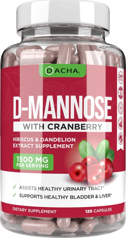 Natural D-Mannose Capsules 4-in-1 Formula - 120 CAPS, 1500 MG Cranberry, Dandelion, Hibiscus Flower Extract, Fast-Acting Pills for Bladder Health, Urinary Tract Infection UTI Support Flush Impurities