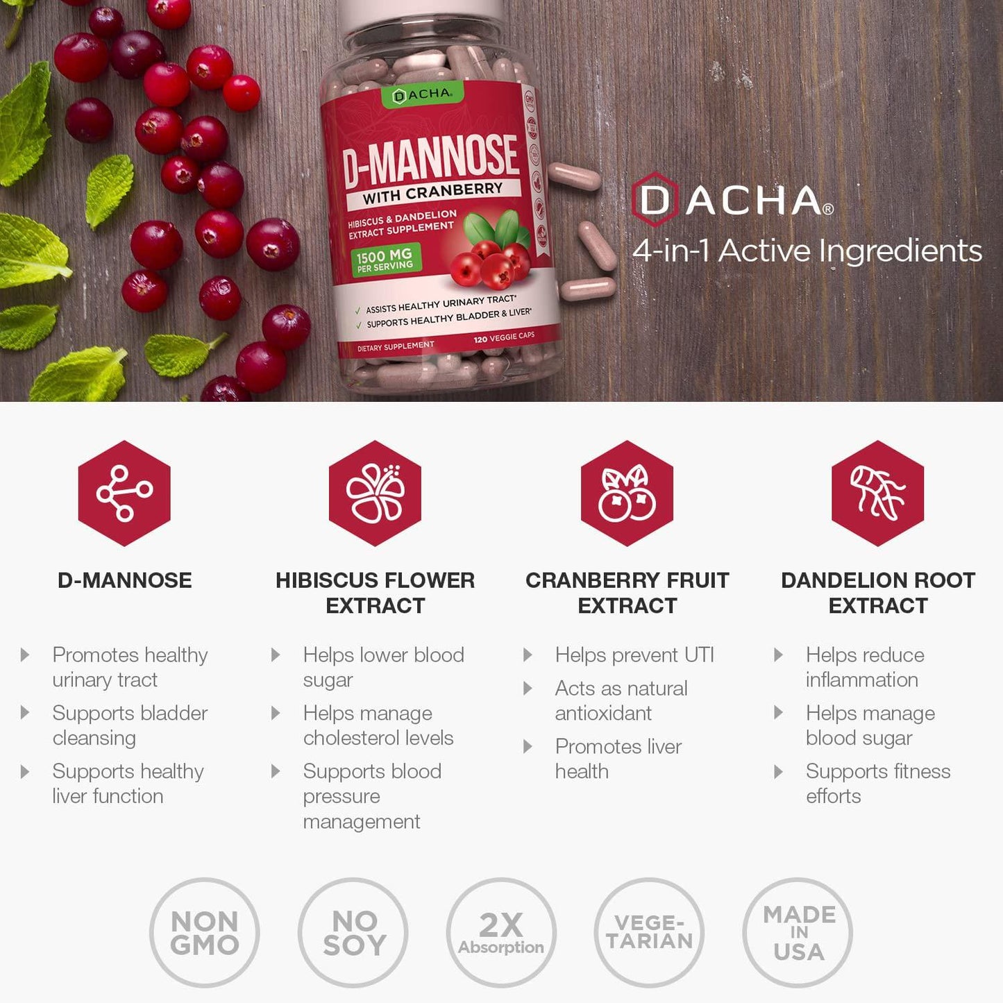 Natural D-Mannose Capsules 4-in-1 Formula - 120 CAPS, 1500 MG Cranberry, Dandelion, Hibiscus Flower Extract, Fast-Acting Pills for Bladder Health, Urinary Tract Infection UTI Support Flush Impurities