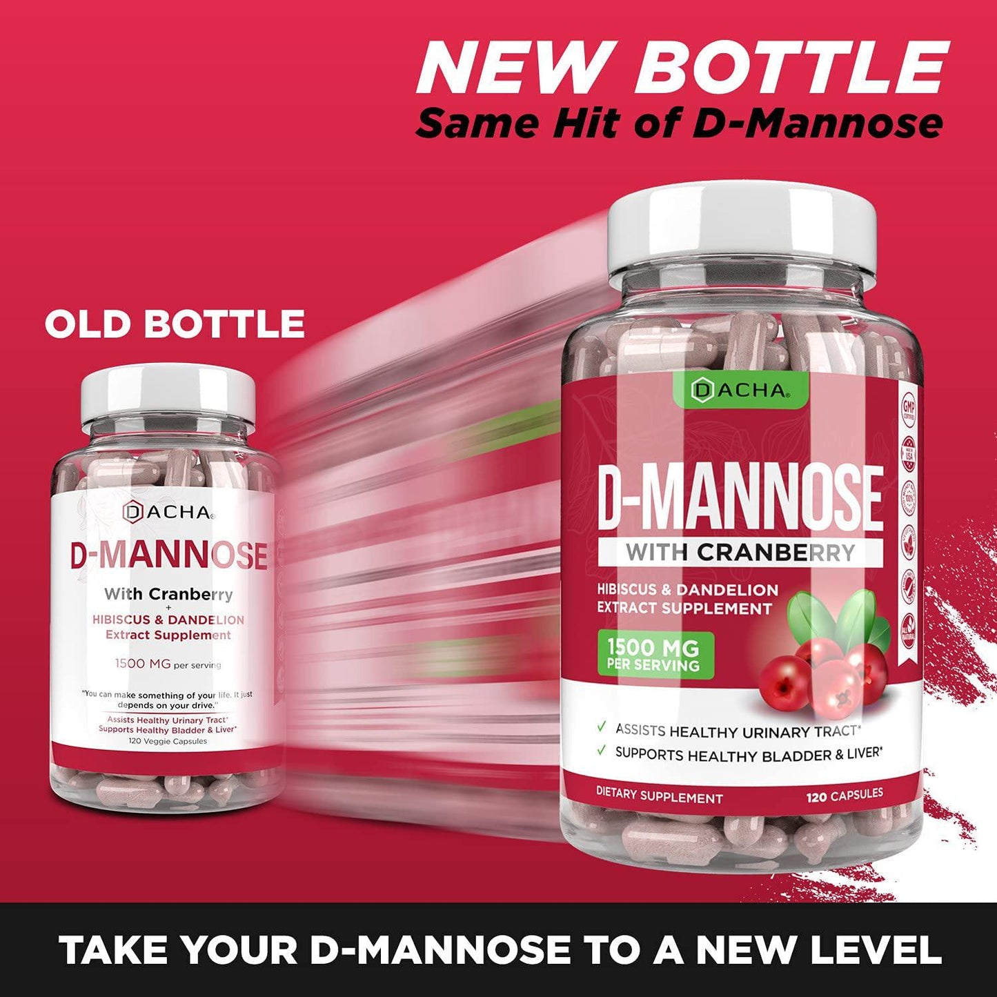 Natural D-Mannose Capsules 4-in-1 Formula - 120 CAPS, 1500 MG Cranberry, Dandelion, Hibiscus Flower Extract, Fast-Acting Pills for Bladder Health, Urinary Tract Infection UTI Support Flush Impurities