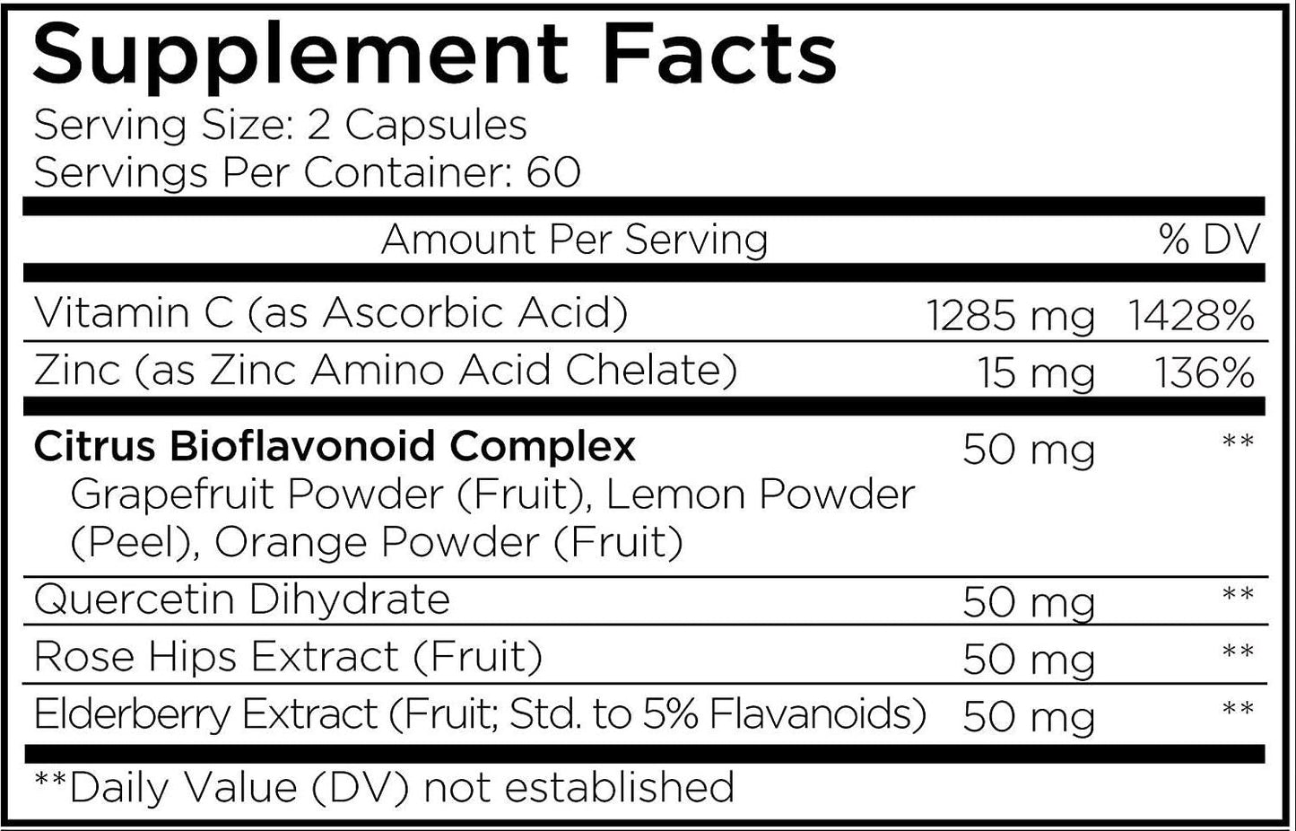Natural Daily Vitamin C 1285mg Supplement, Citrus Bioflavonoids Fruits, Elderberry, Quercetin, Rosehips Extract, Zinc, Grapefuit, Lemon, Orange Powder – Vegan, Non-GMO – 2 Months Supply - 120 Capsules