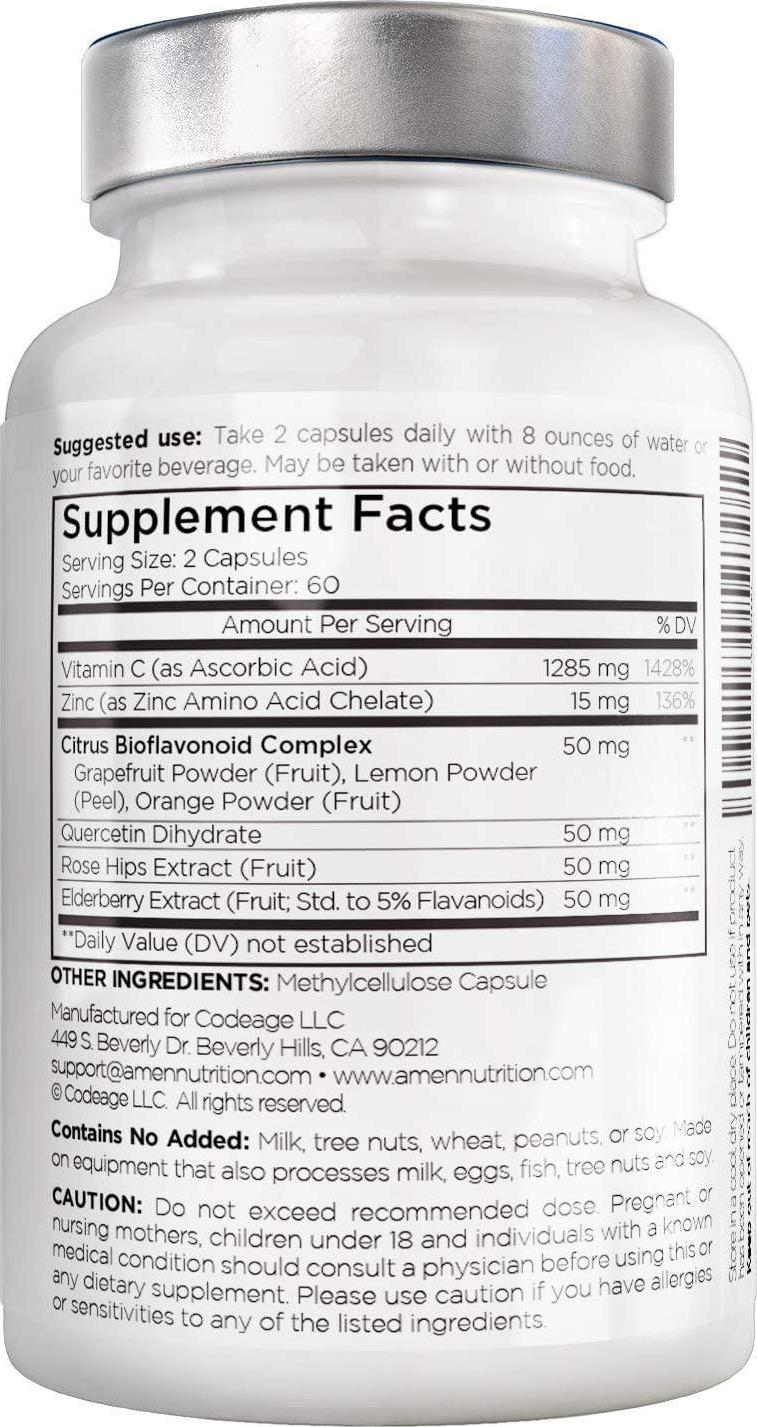 Natural Daily Vitamin C 1285mg Supplement, Citrus Bioflavonoids Fruits, Elderberry, Quercetin, Rosehips Extract, Zinc, Grapefuit, Lemon, Orange Powder – Vegan, Non-GMO – 2 Months Supply - 120 Capsules