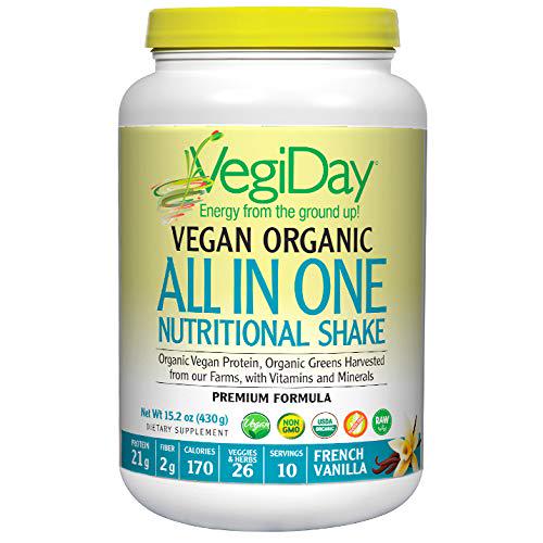 Natural Factors, VegiDay Vegan Organic All in One Shake and Go Raw Vegan Protein with Organic Superfoods, French Vanilla, 15.2 oz