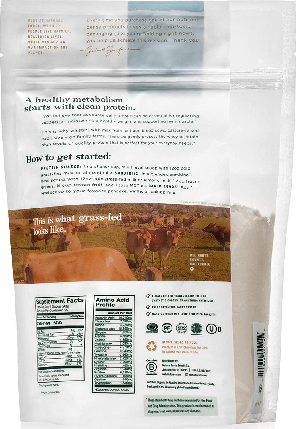 Natural Force Organic Whey Protein Powder – Grass Fed, Clean, Lab Tested *Pure Unflavored* 13.8 oz. A2 Protein Concentrate – Certified Keto, Paleo Friendly, Non-GMO and Humane