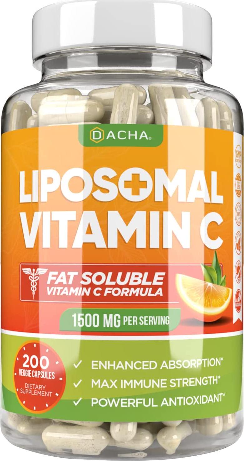 Natural Liposomal Vitamin C - 200 Capsules, 1500mg, Immune System and Collagen Booster, High Absorption Fat Soluble VIT C, Buffered, Anti Aging Skin Vitamins, Anti Inflammatory, Sunflower Lecithin