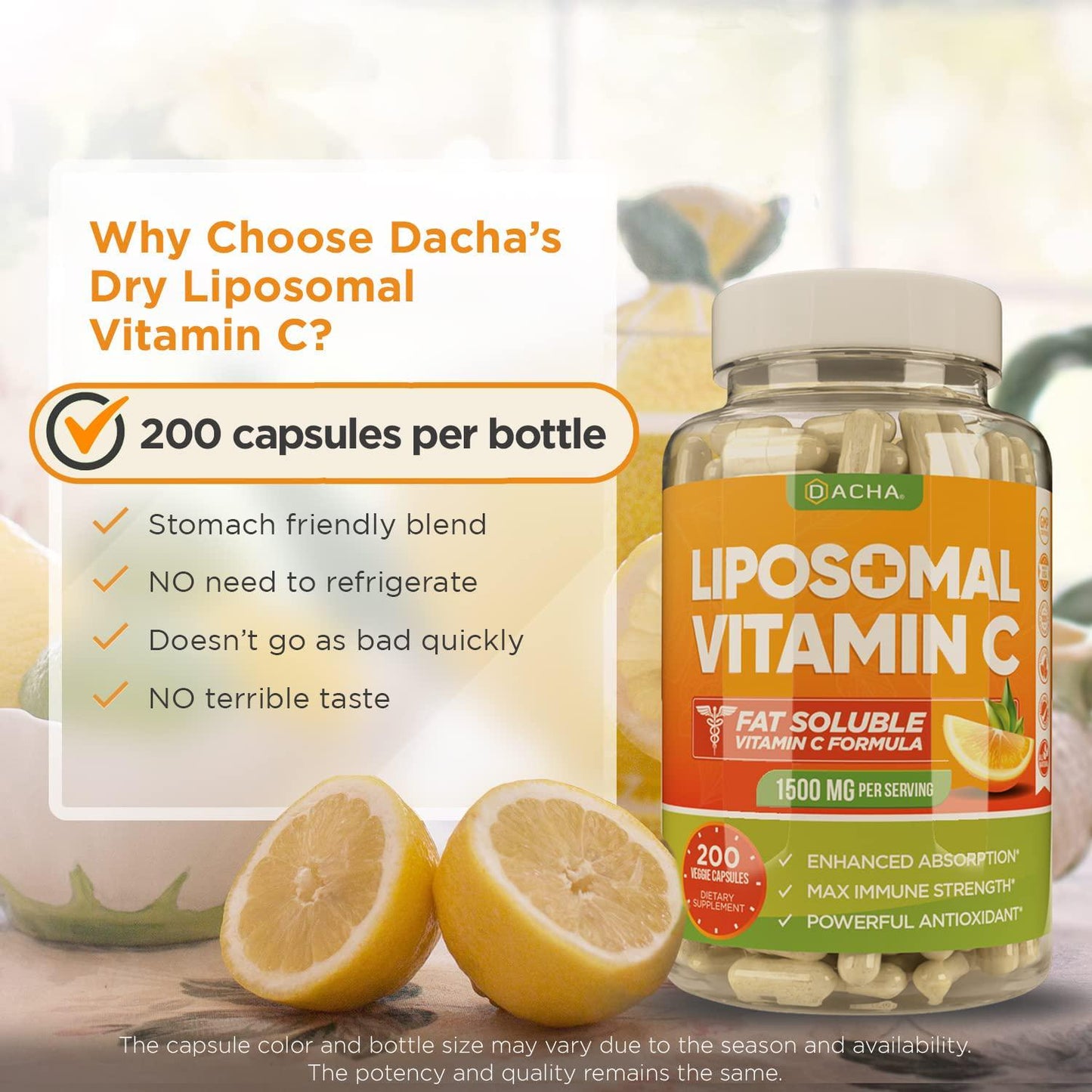 Natural Liposomal Vitamin C - 200 Capsules, 1500mg, Immune System and Collagen Booster, High Absorption Fat Soluble VIT C, Buffered, Anti Aging Skin Vitamins, Anti Inflammatory, Sunflower Lecithin