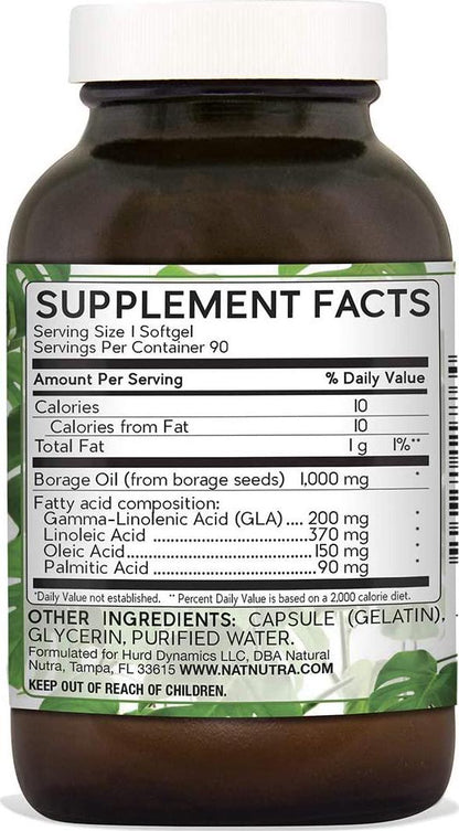 Natural Nutra Borage Oil, Omega 6 Essential Fatty Acids Supplement with GLA, Linoleic, Oleic and Palmitic Acid, Cold Pressed, Herbicide and Pesticide Free, 90 Softgels